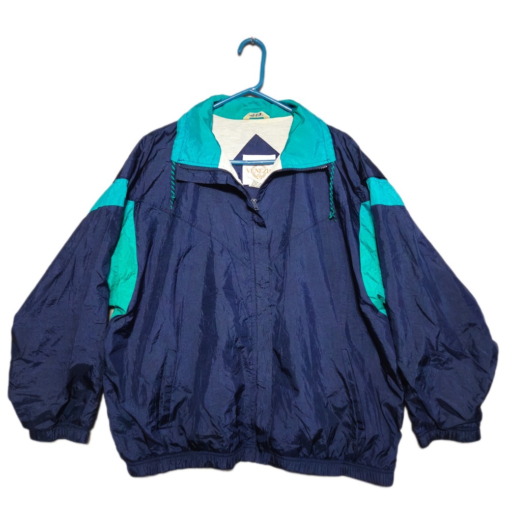 Vintage Venezia Windbreaker Jacket Womens 18/20 Navy Teal Colorblock 80s 90s Zip